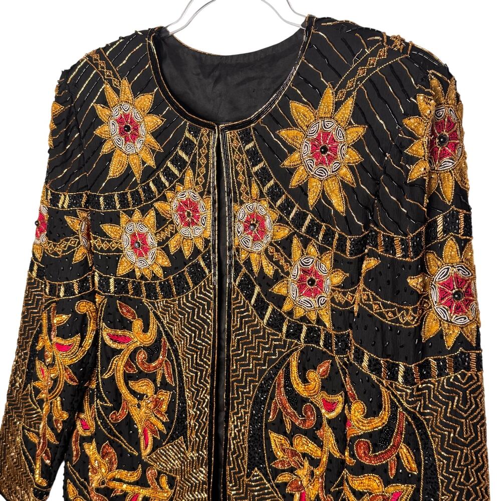 1980s Vintage Hand Beaded Sequin Evening Jacket Black Gold Pink Open Front M